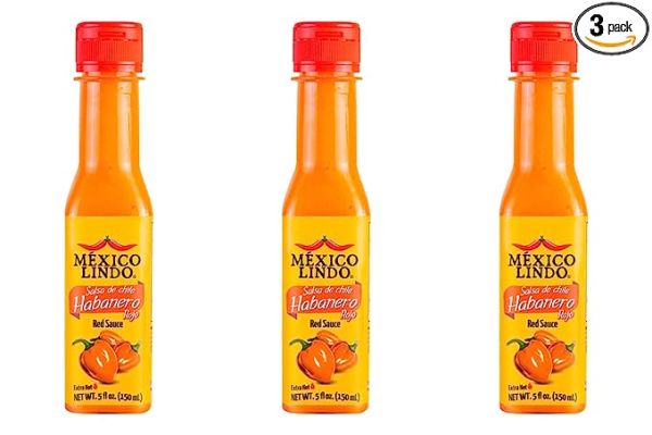 MEXICO LINDO Red Habanero Hot Sauce | Real Red Habanero Chili Pepper | 78,200 Scoville Level | Enjoy with Mexican Food, Seafood & Pasta | 5 Fl Oz Bottles (Pack of 3)