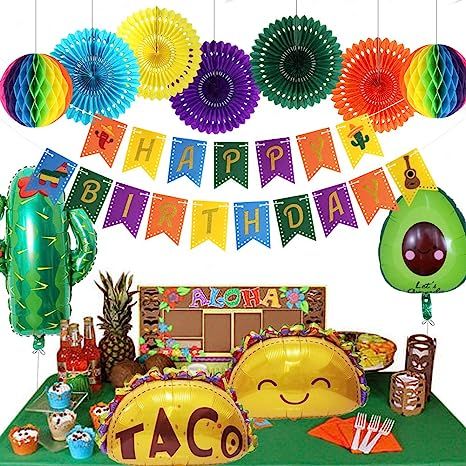 Fiesta Party Decorations, Taco Twosday Birthday Party Happy Birthday Banner Hanging Paper Fans Honeycomb Ball Balloons for Birthday Parties Rainbow Party