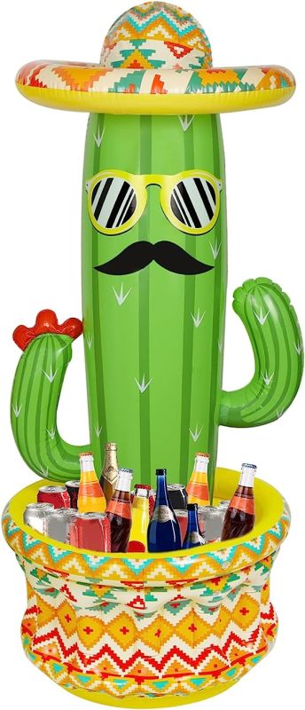Triumpeek Inflatable Cactus Cooler, 55" Fiesta Cactus Ice Bucket Wearing Sombreros for Summer Swimming Pool Hawaiian Themed Party Supplies