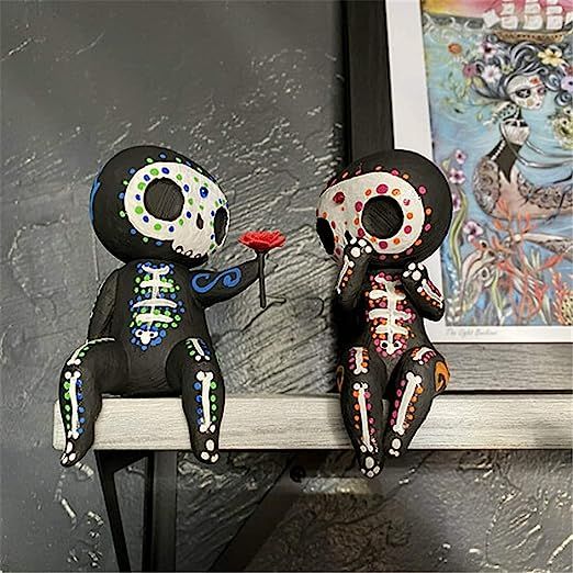 Sugar Skull Couple Statue, Sugar Skull Figurine, Resin Crafts Cute Statue Skull - Skull Head Skeleton Figurine Statue Display Hand Crafts, Home Decor Collectible Figurines,Skull Statues Gifts (C)