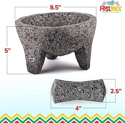 Genuine Handmade Mexican Mortar and Pestle, Molcajete de Piedra Natural Volcanica Stone, Heavy & Durable, Perfect for Homemade Salsas, Guacamole, and other Molcajete Plates | Made in Mexico (8 Inches)