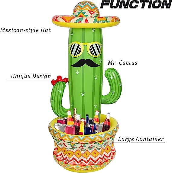 Triumpeek Inflatable Cactus Cooler, 55" Fiesta Cactus Ice Bucket Wearing Sombreros for Summer Swimming Pool Hawaiian Themed Party Supplies