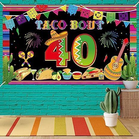 Taco Bout 40th Birthday Banner Backdrop Decorations for Men Women, Happy 40 Fiesta Mexican Birthday Party Supplies, Fiesta Mexican Theme 40 Year Old Poster Background Photo Booth Props Decor