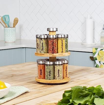 Orii 16 Jar Spice Rack with Spices Included - Rotating Countertop 2 Tier Tower Organizer for Kitchen Spices and Seasonings, Free Spice Refills for 5 Years (Bamboo Wood)