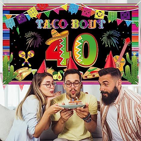 Taco Bout 40th Birthday Banner Backdrop Decorations for Men Women, Happy 40 Fiesta Mexican Birthday Party Supplies, Fiesta Mexican Theme 40 Year Old Poster Background Photo Booth Props Decor