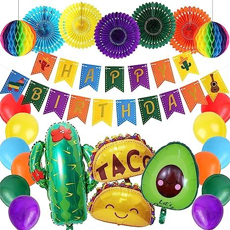 Fiesta Party Decorations, Taco Twosday Birthday Party Happy Birthday Banner Hanging Paper Fans Honeycomb Ball Balloons for Birthday Parties Rainbow Party