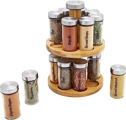 Orii 16 Jar Spice Rack with Spices Included - Rotating Countertop 2 Tier Tower Organizer for Kitchen Spices and Seasonings, Free Spice Refills for 5 Years (Bamboo Wood)