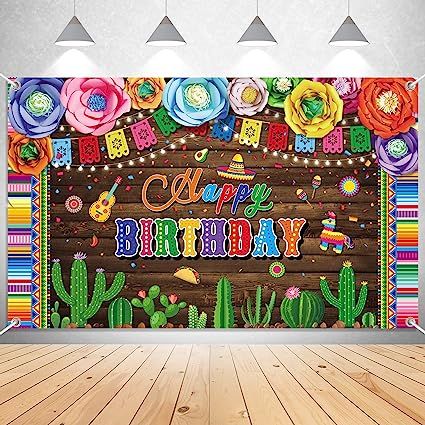 Mexican Happy Birthday Backdrop - Mexican Themed Fiesta Birthday Party Decorations Mexican Party Supplies Mexican Banner Mexico Cinco De Mayo Carnival Photo Booth Background (Brown)