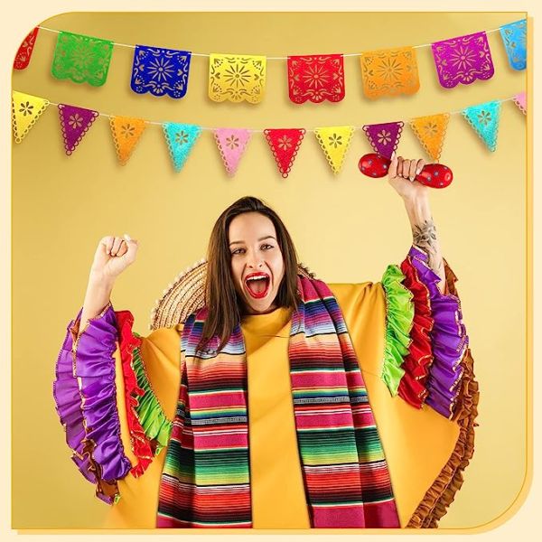 10 Pack 14 x 84 in Mexican Serape Table Runners, 29 Pcs Papel Picado Banner, Fiesta Hanging Banner and Pennant Flag Banner Colorful Bunting Banner for Mexican Theme Party (Rose, Blue, Orange, Yellow)