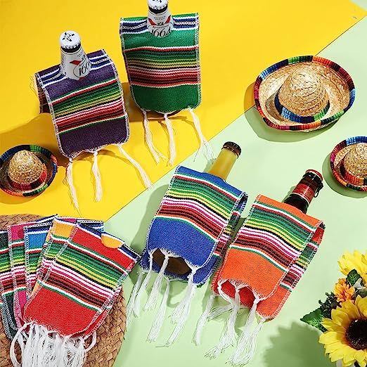 Irenare Beer Poncho Mini Serapes Bottle Covers for Cinco De Mayo Multicolor Ponchos for Beer Assorted Mexican Bottle Ponchos with Rainbow Striped Fiesta Mexican Party Decor