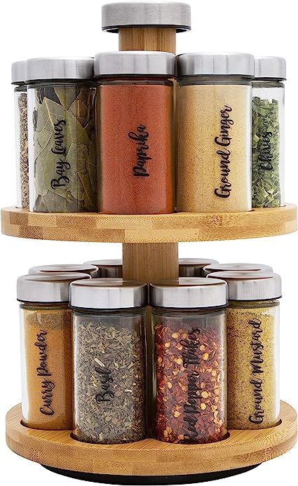 Orii 16 Jar Spice Rack with Spices Included - Rotating Countertop 2 Tier Tower Organizer for Kitchen Spices and Seasonings, Free Spice Refills for 5 Years (Bamboo Wood)